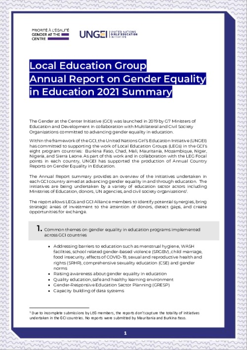 Local Education Group Annual Report On Gender Equality In Education ...